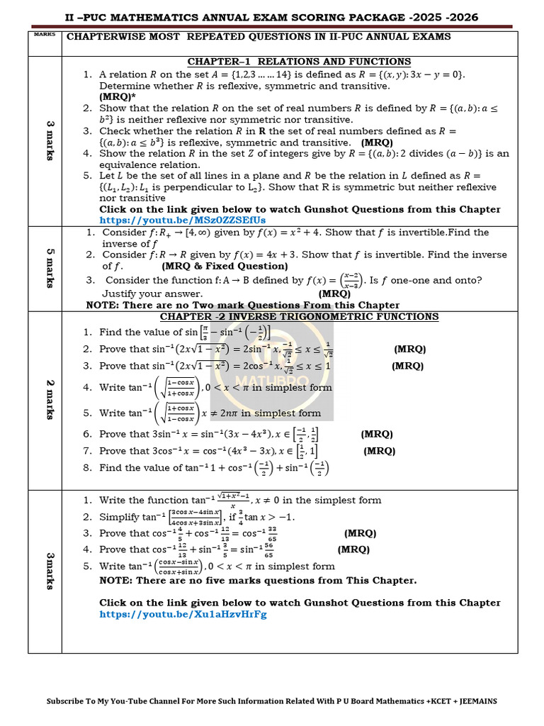 II - Puc Maths Annual Exam Scoring Package - 2025-2026 | PDF | Line ...