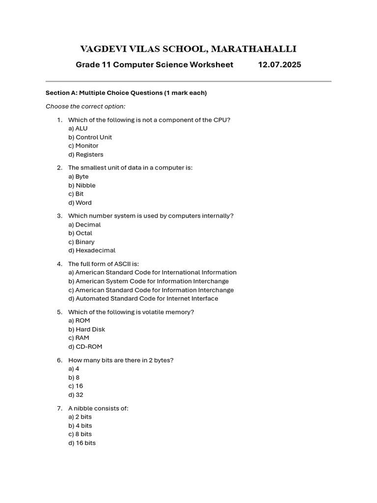 Grade 11 Computer Science Worksheet 1 | PDF | Bit | Logic Gate