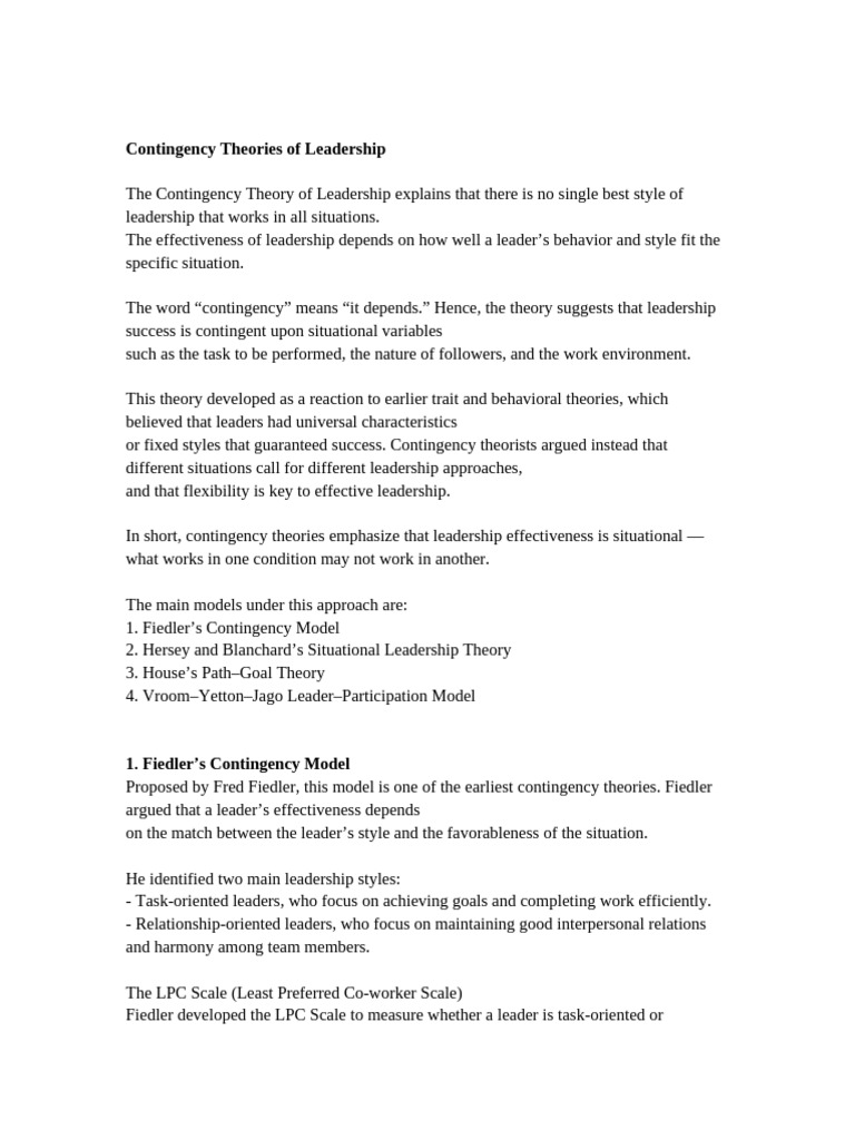 Contingency Theories of Leadership Notes | PDF | Leadership ...