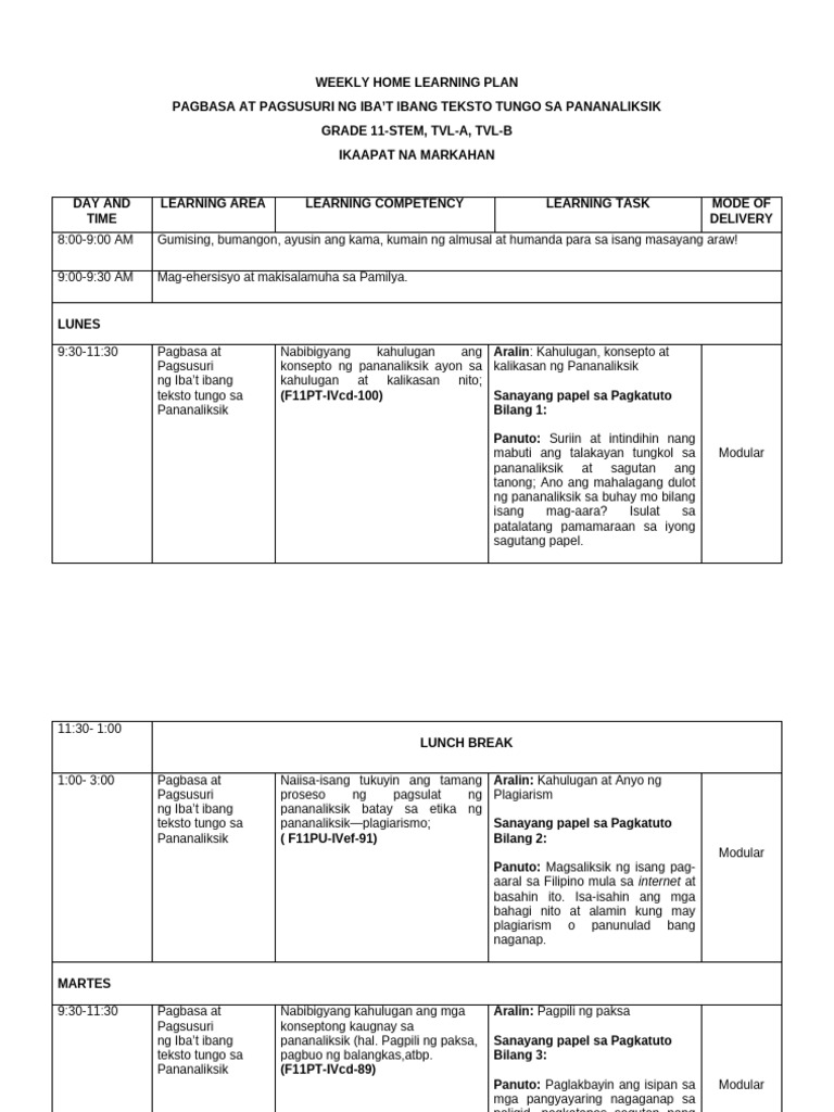Weekly Home Learning Plan (4th Quarter) | PDF