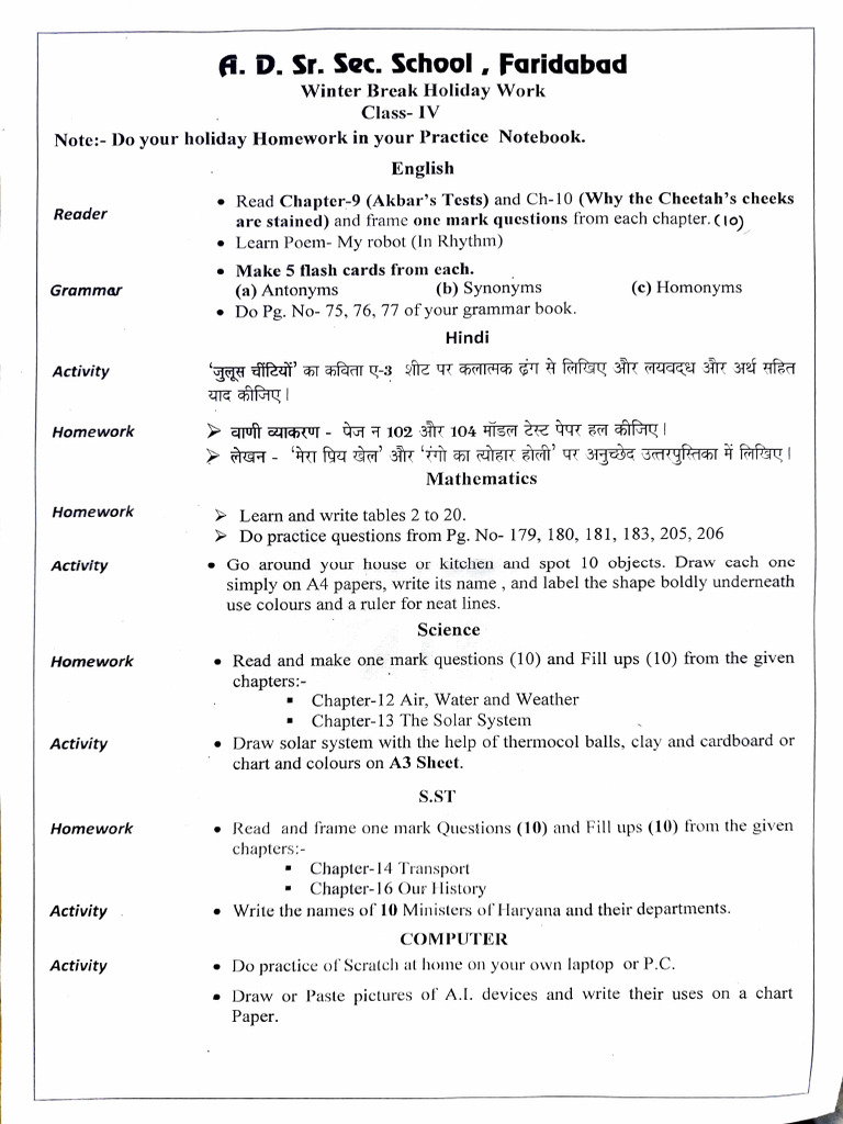 Holiday Homework Class 4th | PDF
