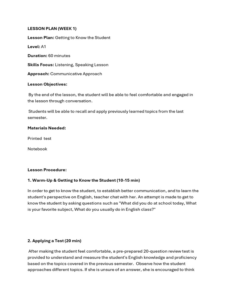 Lesson Plan (Week 1) | PDF