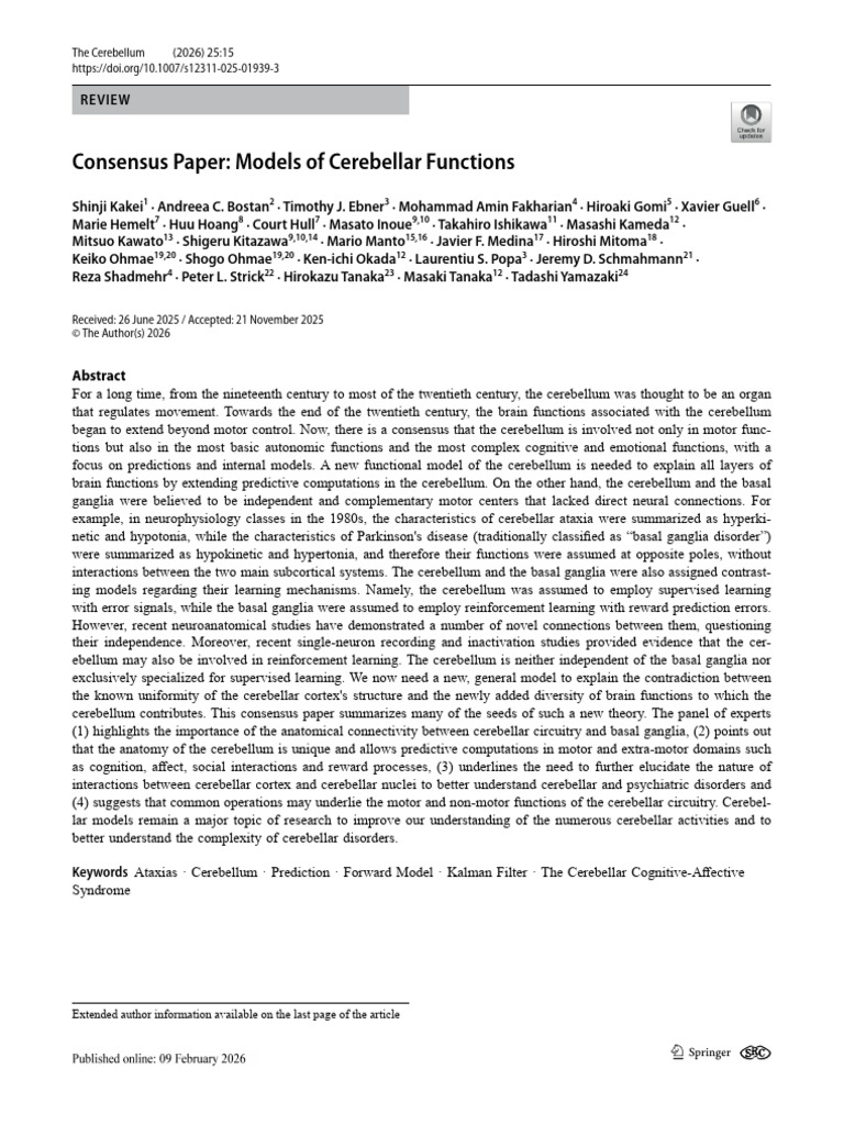 2026 Consensus Paper Models of Cerebellar Functions | PDF | Cerebellum ...