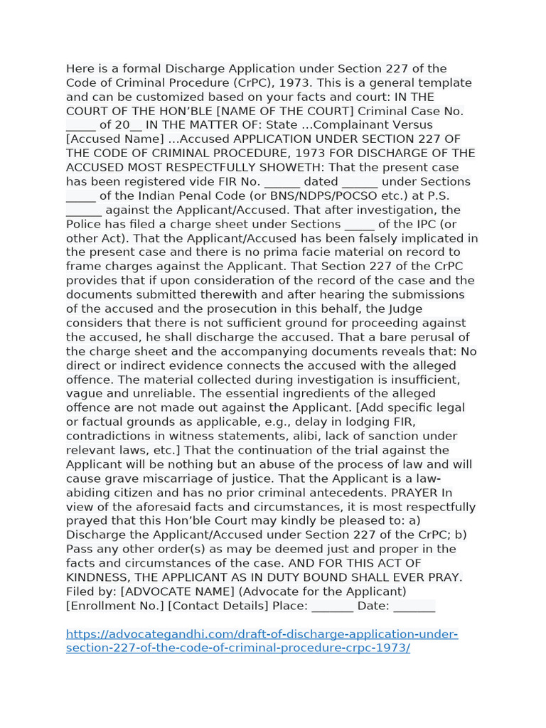 Here Is A Formal Discharge Application Under Section 227 of The Code of ...
