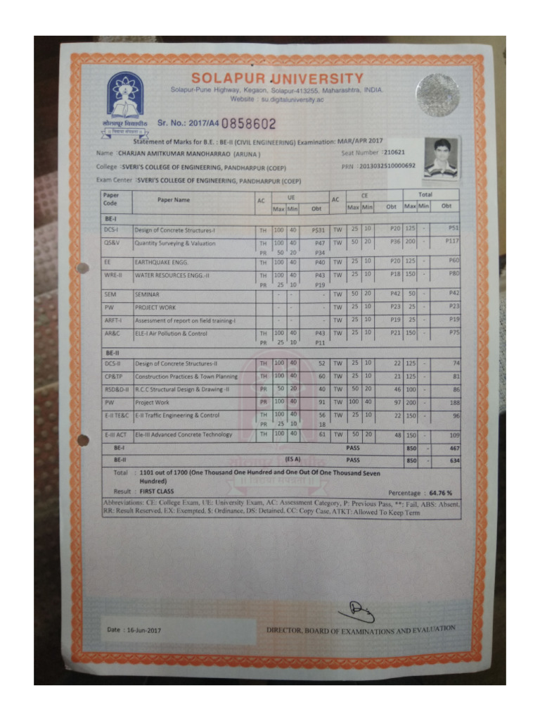 BE Marksheet 2 | PDF
