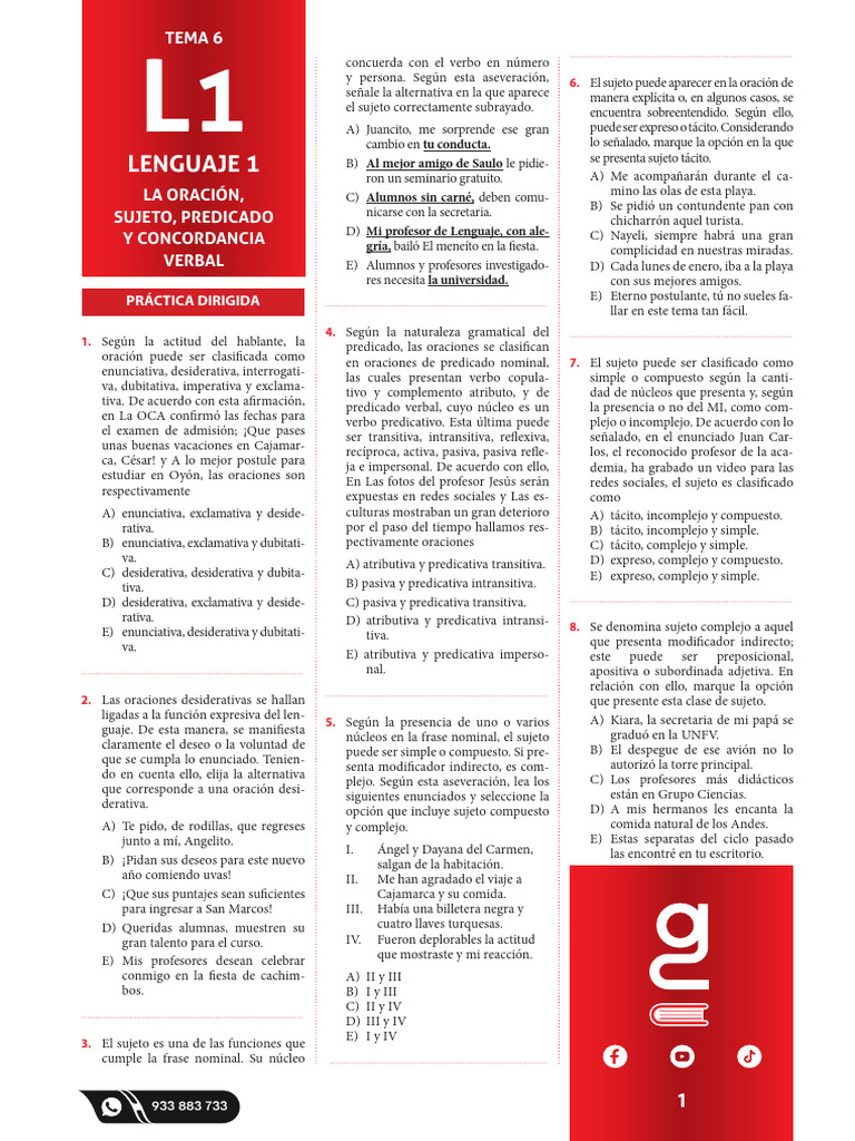 Repaso UNMSM - Lenguaje 1 - Tema 6 | PDF | Verbo | Predicado (Gramática)
