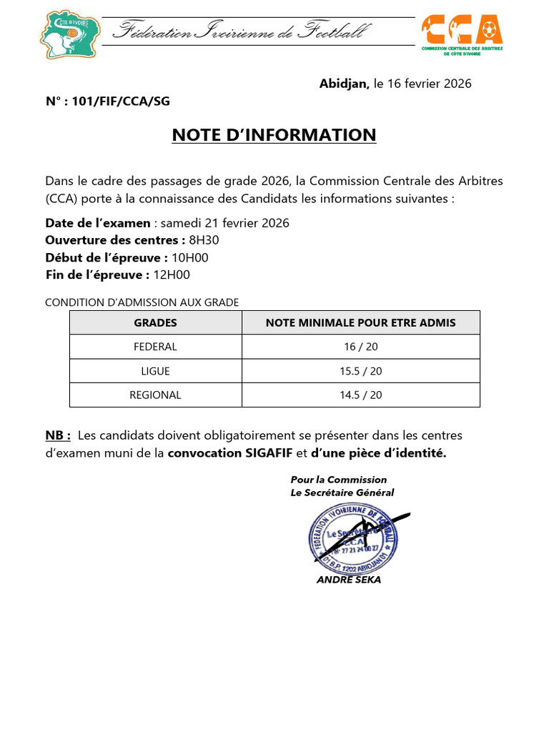 Note D'information Et Bareme de Passage de Grade 2026 | PDF