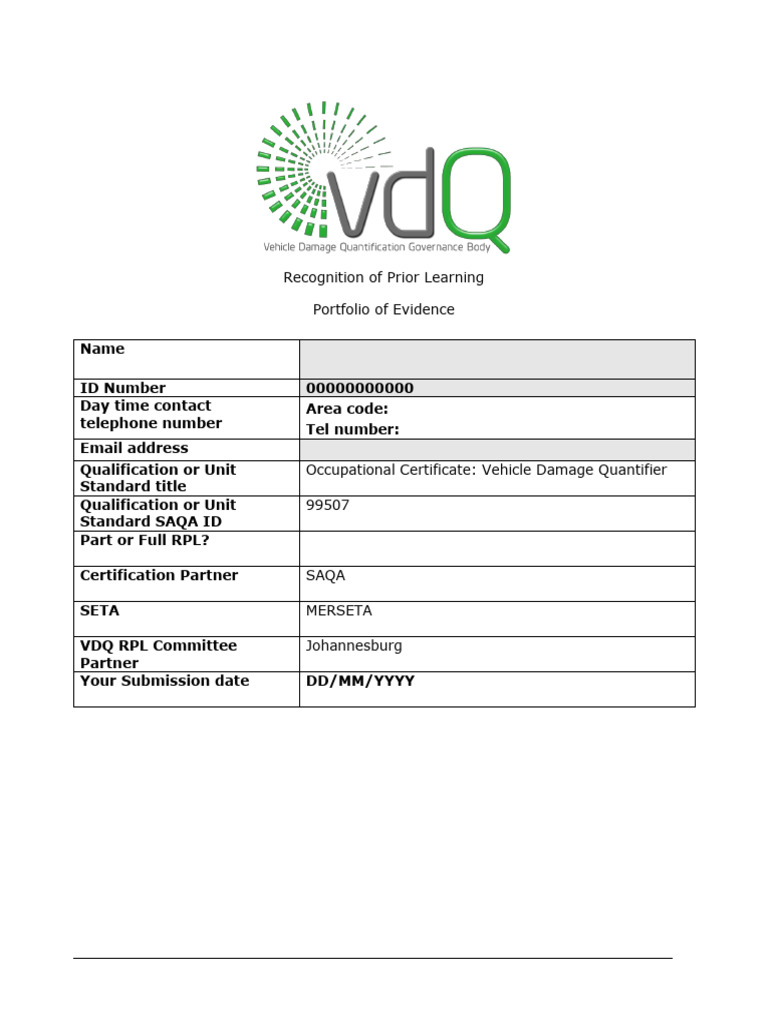VDQ RPL Template Portfolio of Evidence Final Compressed | PDF ...