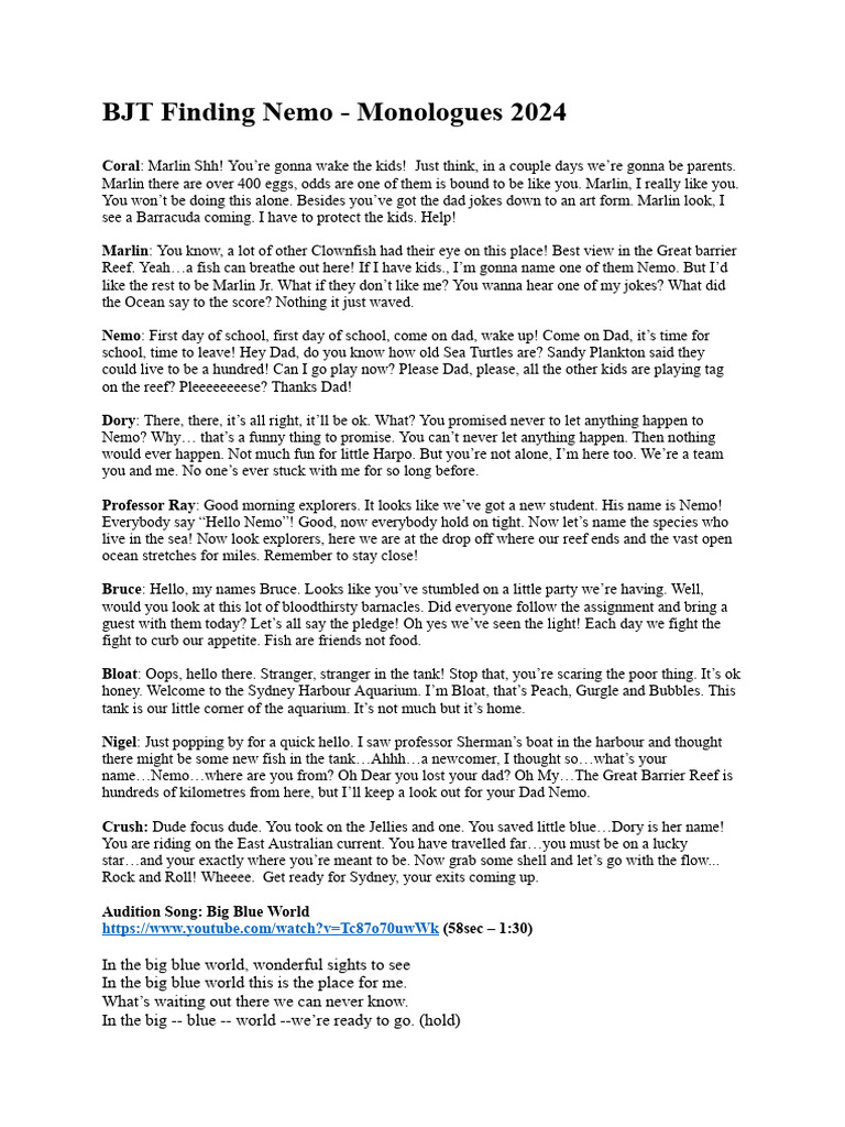 BJT Finding Nemo Monologe 2024 | PDF
