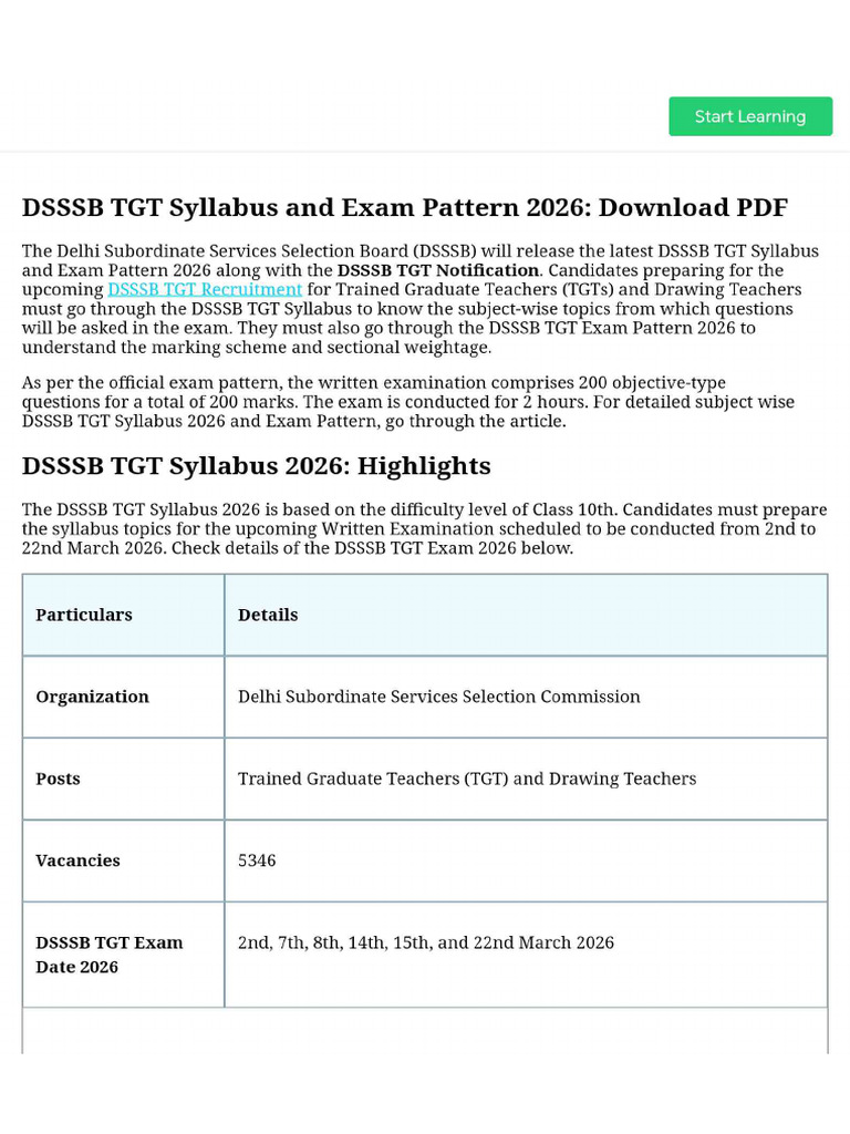 DSSSB TGT Syllabus and Exam Pattern 2026 - Download PDF | PDF