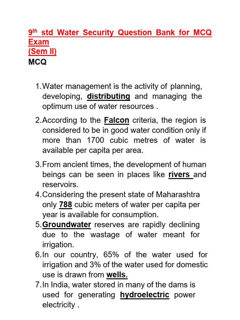 Sem 2 - 9th STD Water Security Question Bank For MCQ Exam | PDF | Water ...