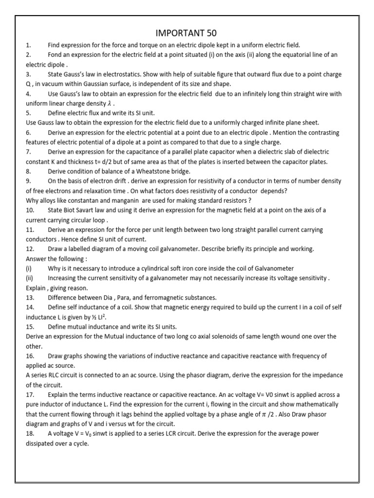 Xii Important Questions | PDF | Inductance | Inductor