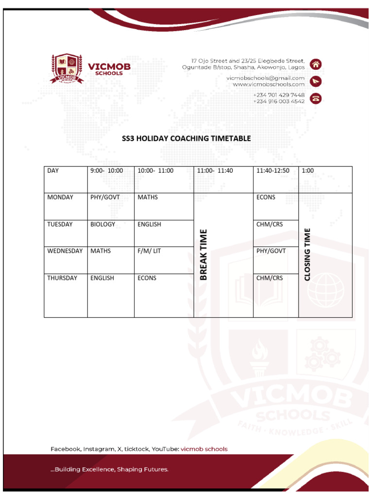 Ss3 Holiday Coaching Timetable | PDF