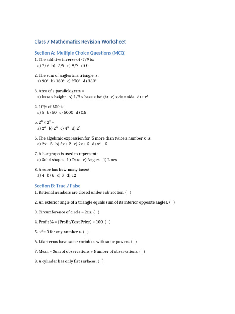 Class 7 Final Worksheet | PDF | Area | Angle