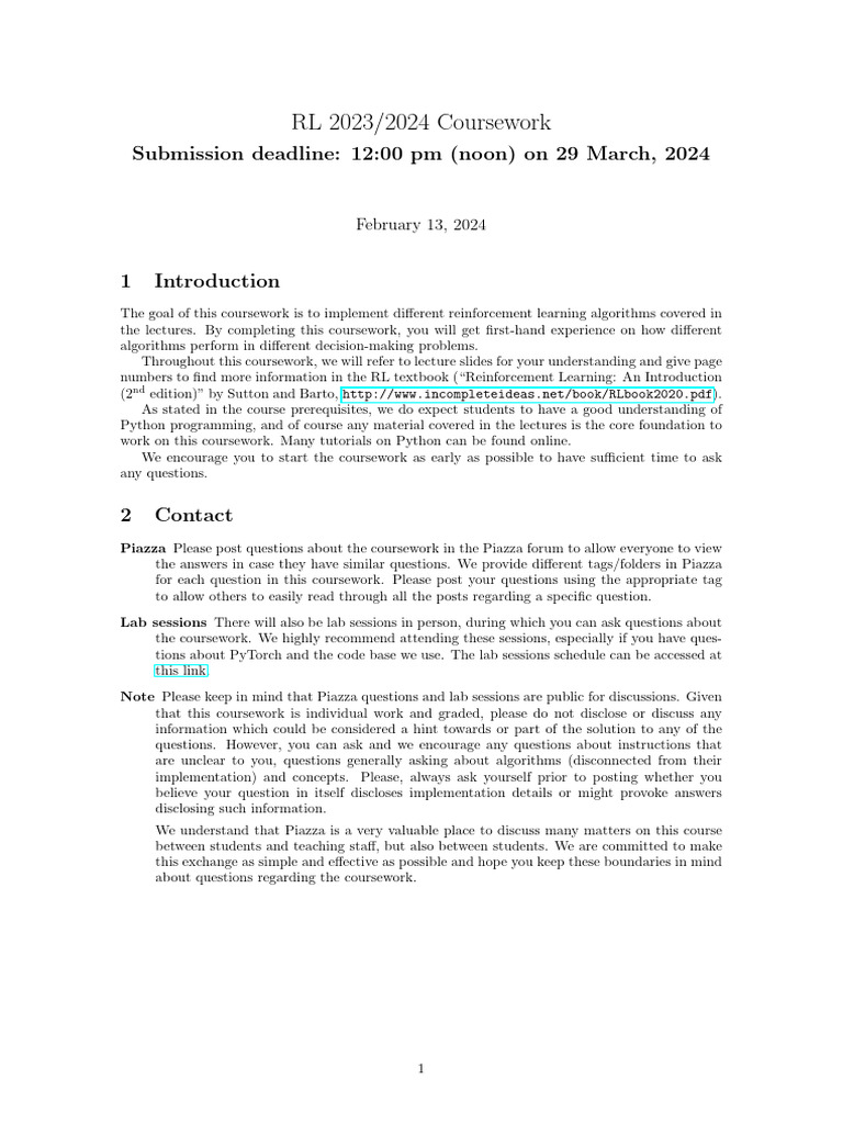 RL Course Work 2024 Final | PDF | Applied Mathematics | Mathematics