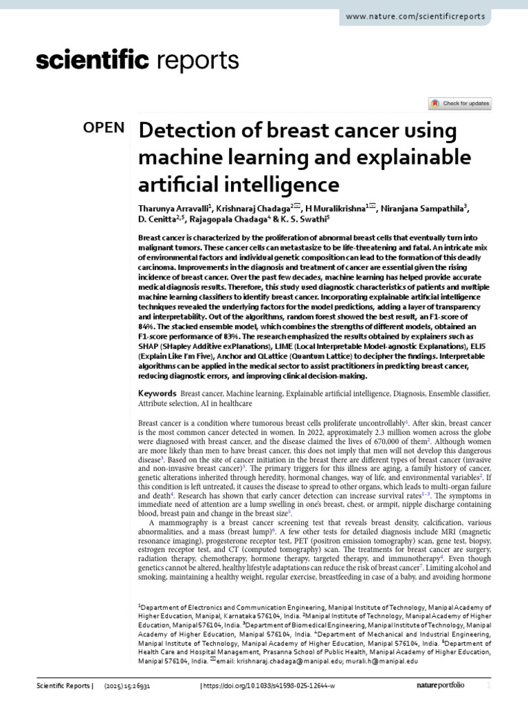 Detection of Breast Cancer Using Machine Learning and Explainable | PDF ...