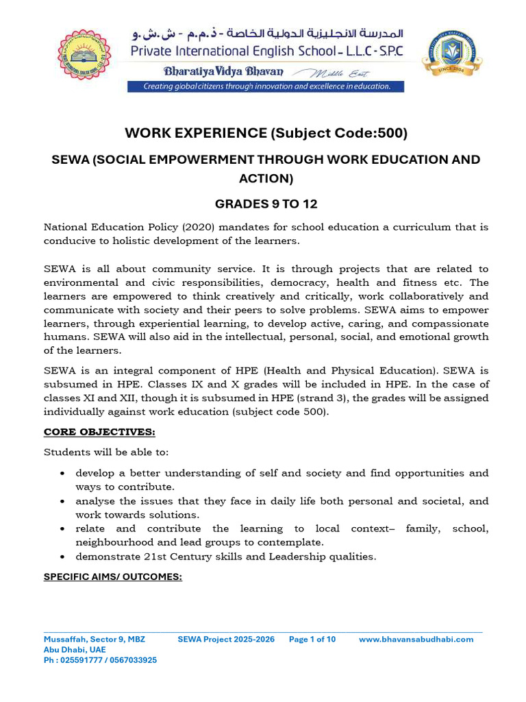 Work Experience Sewa Project GR 9 To 12 | PDF