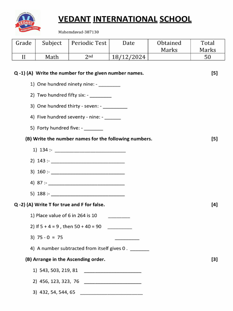 Grade 2 Math Paper P.A. - 2 | PDF