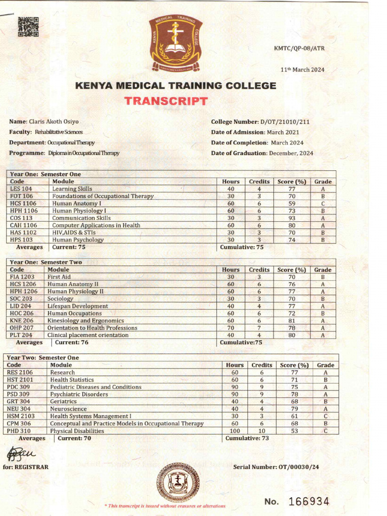 Claris' KMTC Transcript | PDF