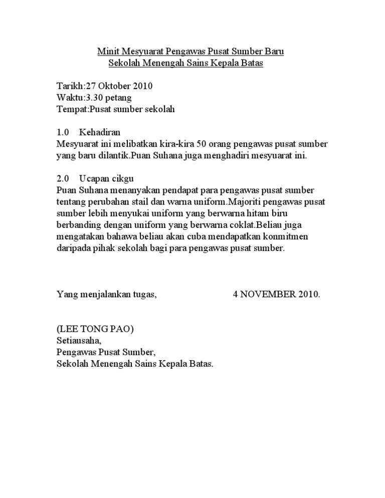 Minit Mesyuarat Pengawas Pusat Sumber Baru