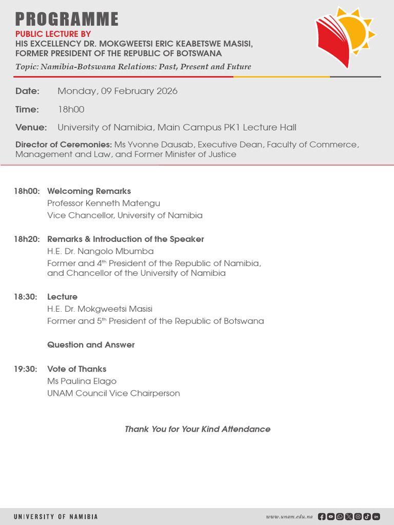 DR Masisi Public Lecture Programme UNAM 9feb2026 | PDF