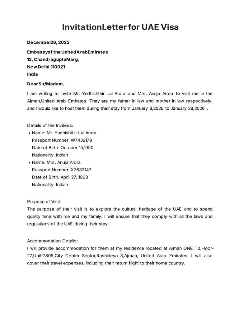 Invitation Letter For UAE Visa Template | PDF