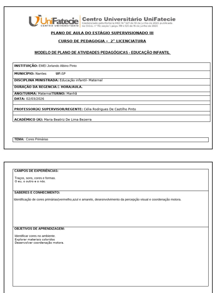 Modelo de Plano de Aula Ed. Inf Atualizado 2026 | PDF