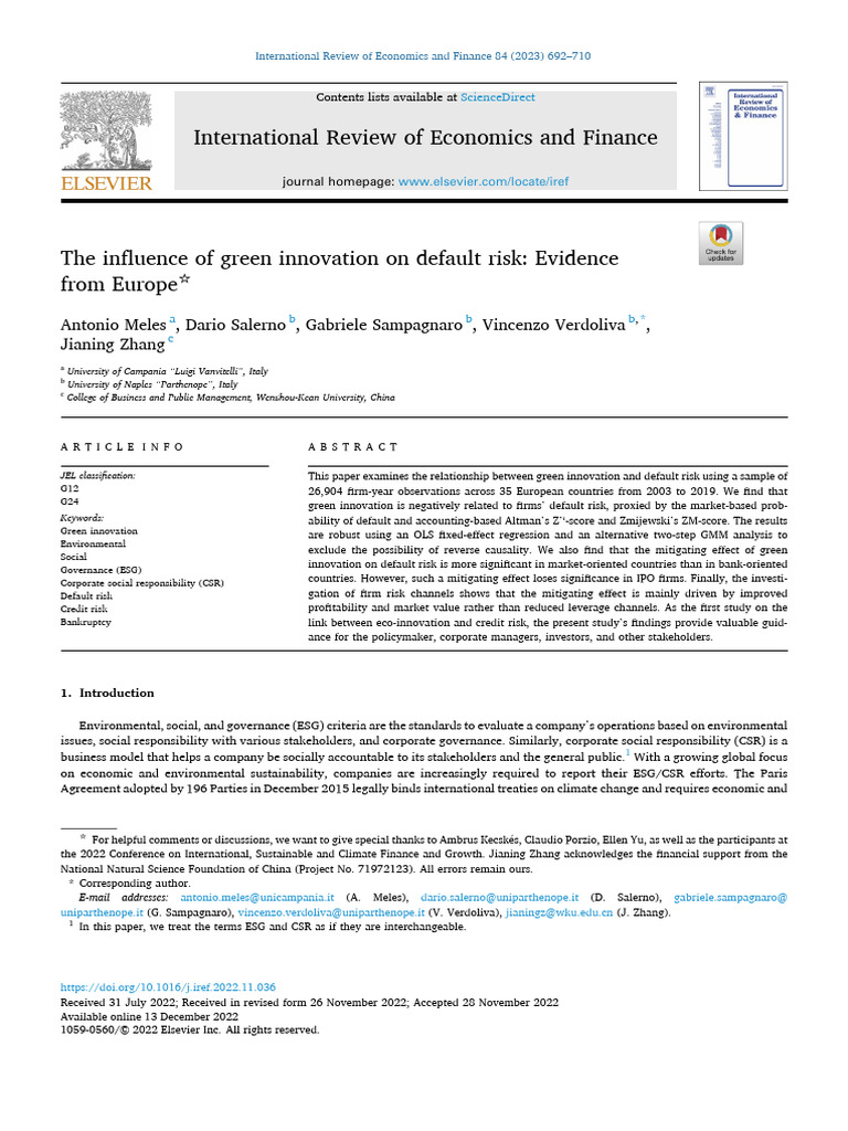 The Influence of Green Innovation On Default Risk Evidence | PDF ...