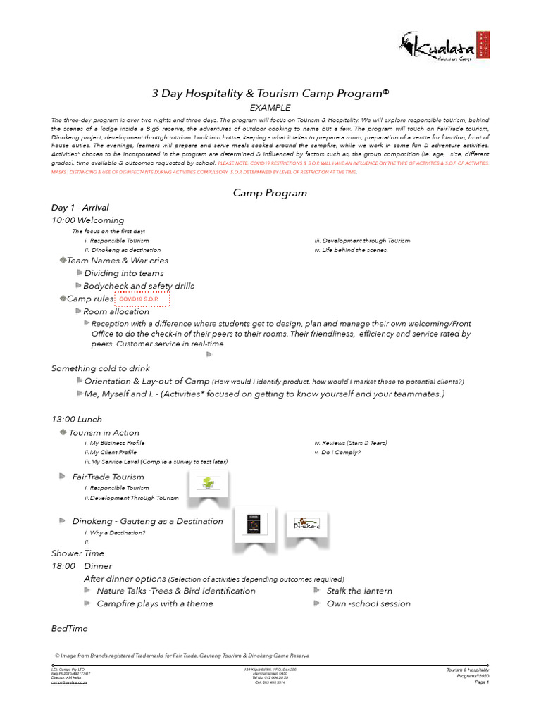 3 Day Hospitality Torism Program EA ED Kwalata Adventure Camp | PDF