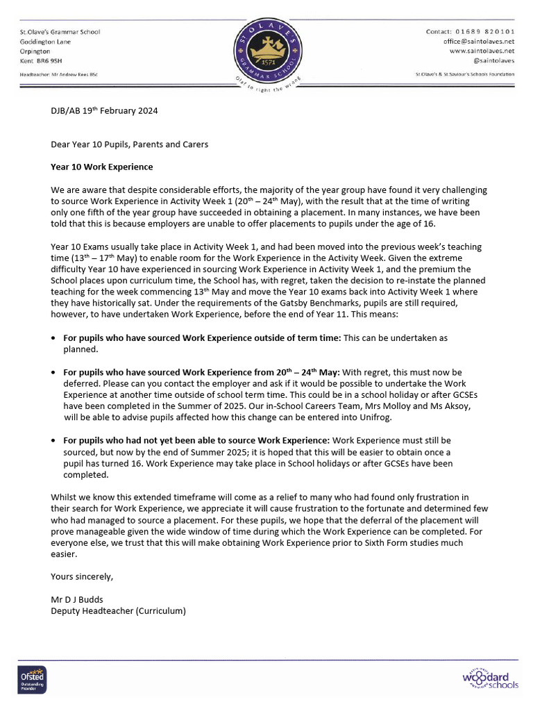 DJB Y10 Work Experience Letter 190224 | PDF