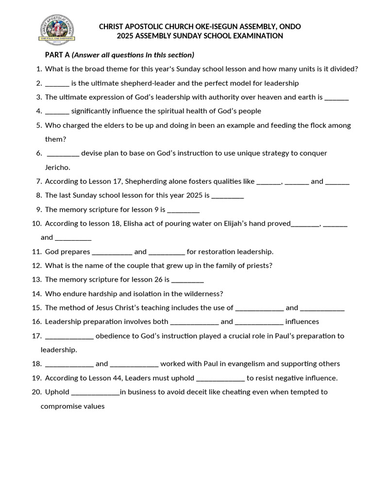 2025 Eng - Sunday School Examination | PDF