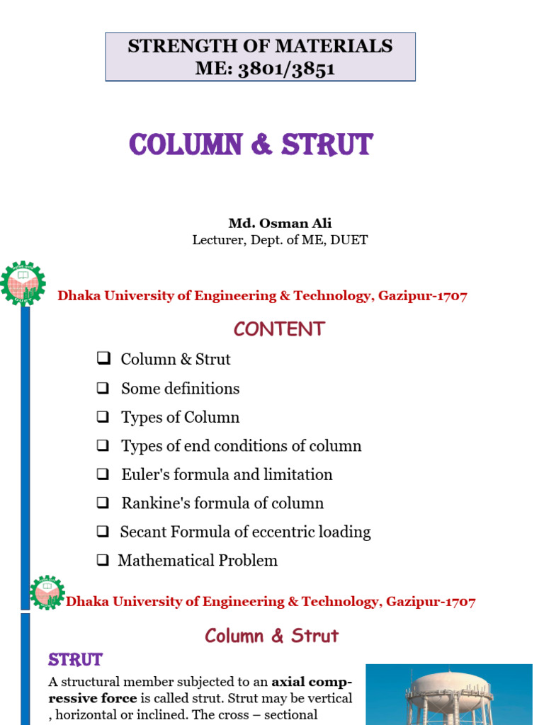 Columns Types of Column Failures, Euler's Equation, Column Secant ...