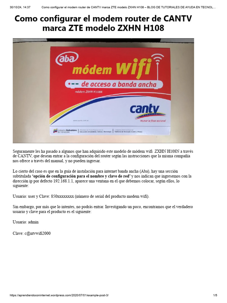 Como Configurar El Modem Router de CANTV Marca ZTE Modelo ZXHN H108 ...