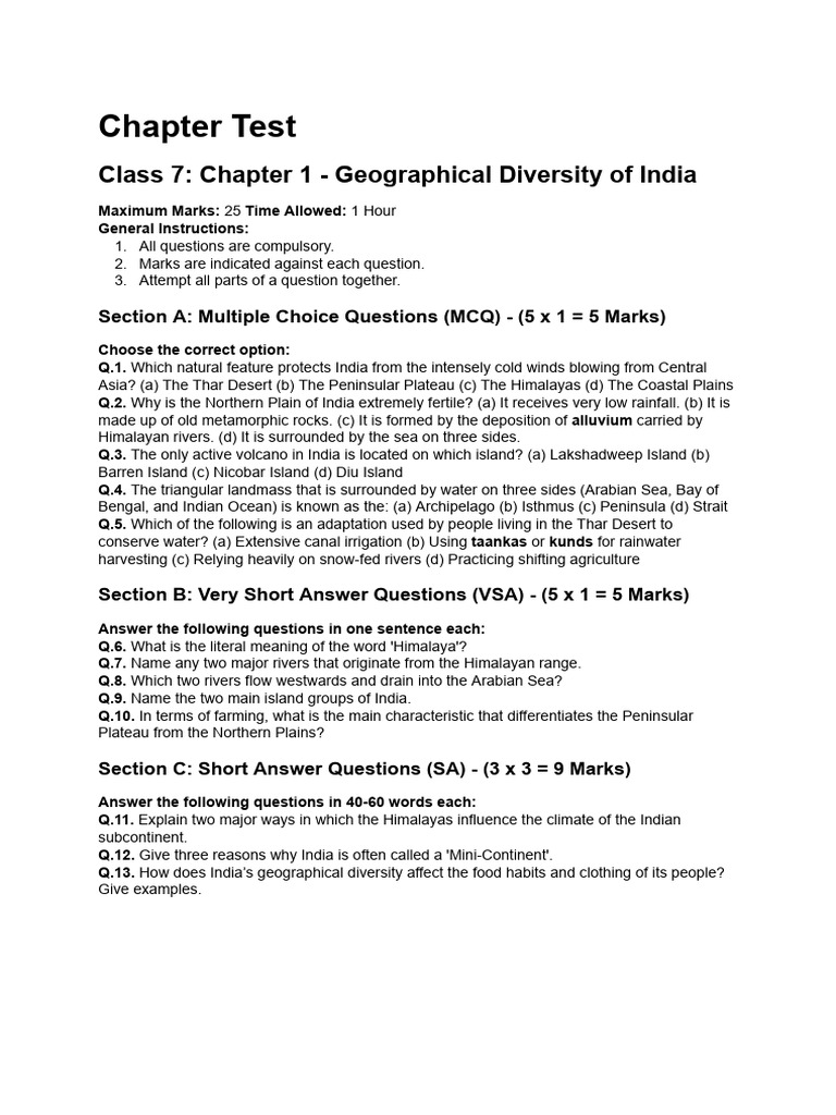 E7 - CT-1 - Geographical Diversity of India - Chapter Test Paper | PDF ...