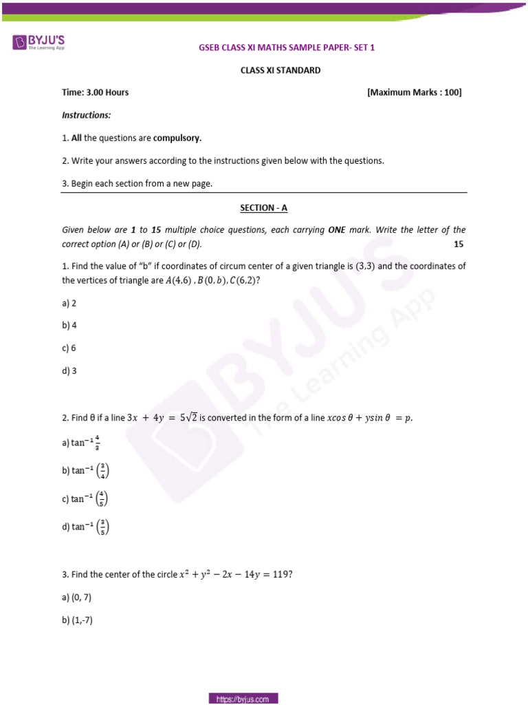 Gujarat Board - Class 11 - Maths Sample Paper Set 1 | PDF | Line ...