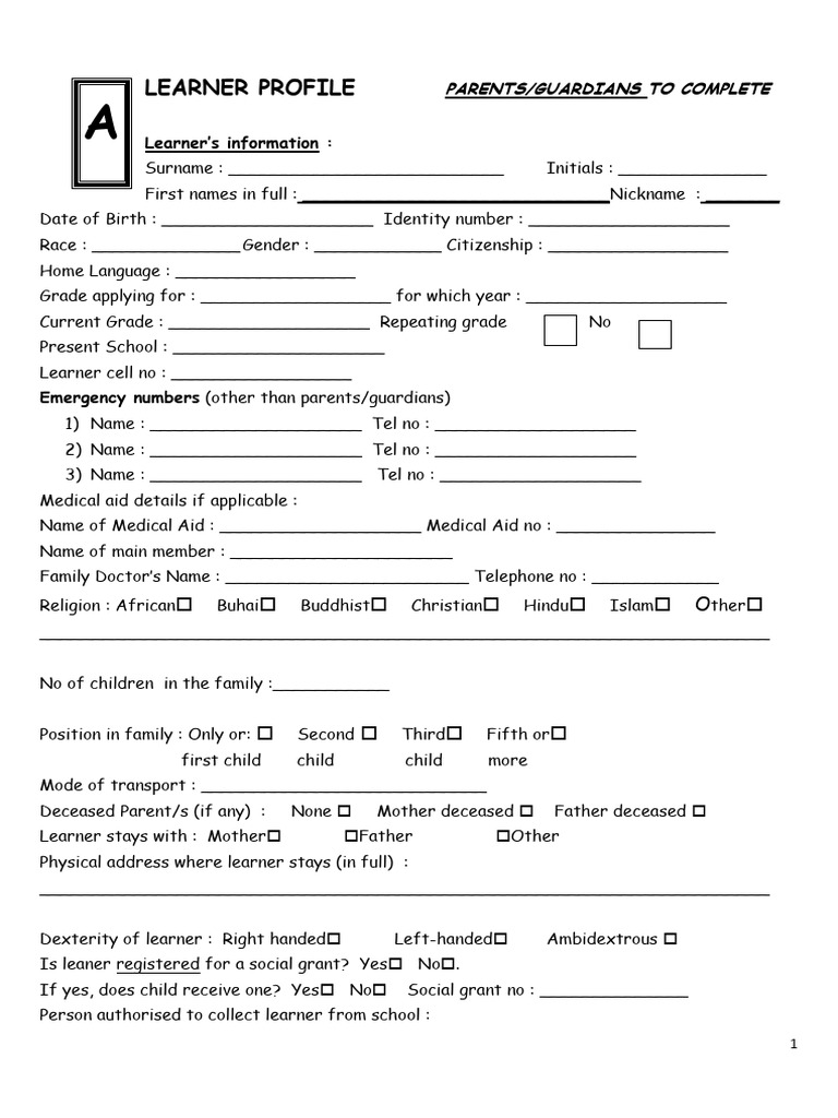 Form A Learner Profile Parent To Complete | PDF | Mood Disorders ...