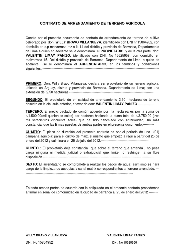 Contrato De Arrendamiento De Terreno Agricola 2011 Agricultura