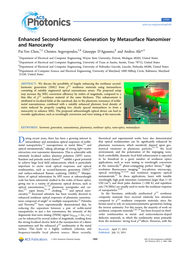 Enhanced Second Harmonic Generation by Metasurface Nanomixer and ...