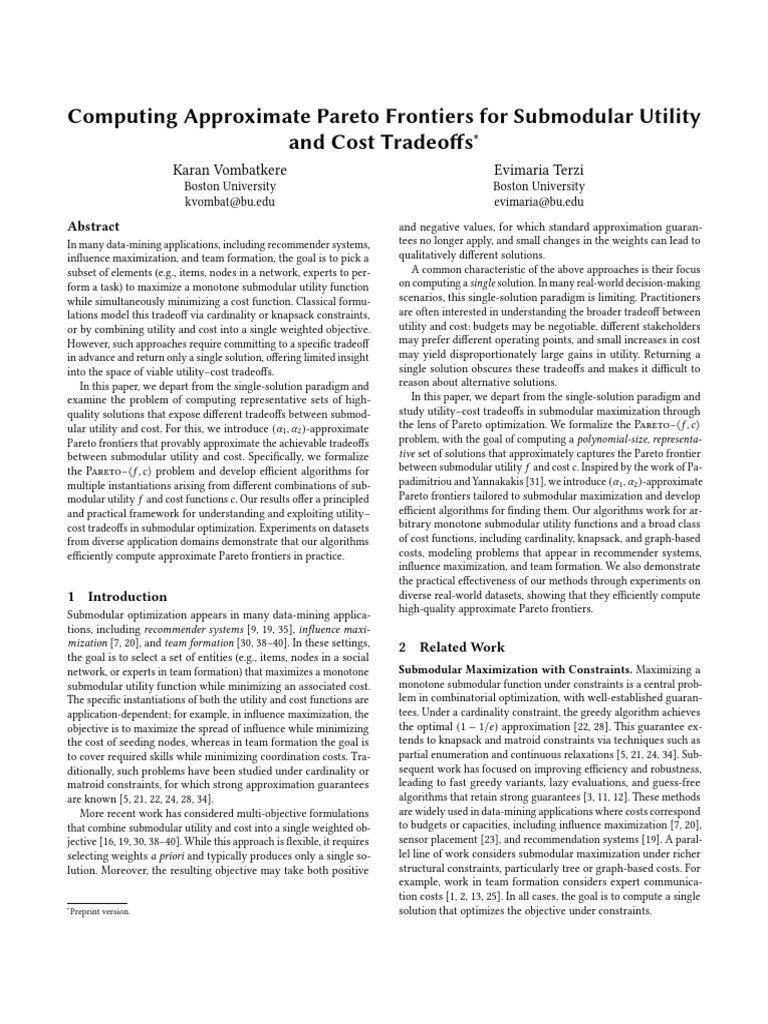 Computing Approximate Pareto Frontiers For Submodular Utility and Cost ...