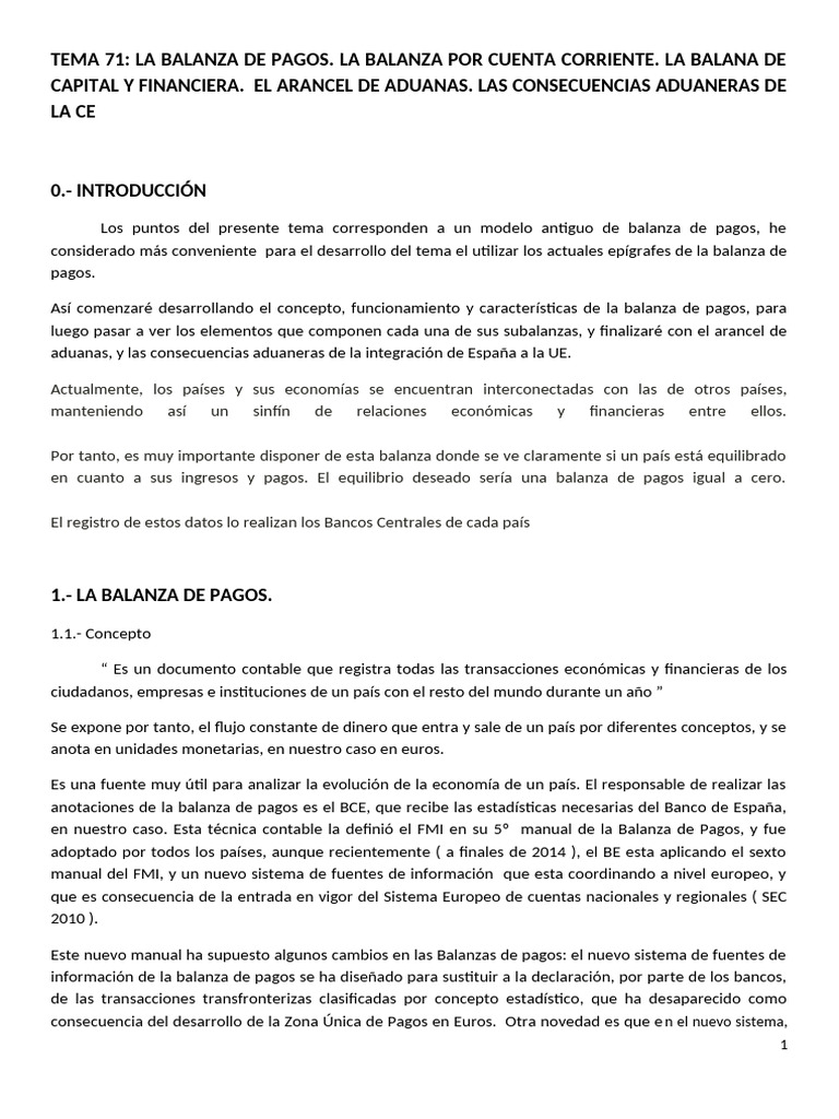 Tema 71 La Balanza de Pagos | PDF | Balance de pagos | Economía mundial
