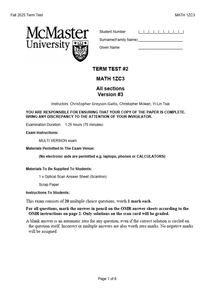 Math 1ZC3 Test 2 Ver. 3 - F25 | PDF | Eigenvalues And Eigenvectors ...