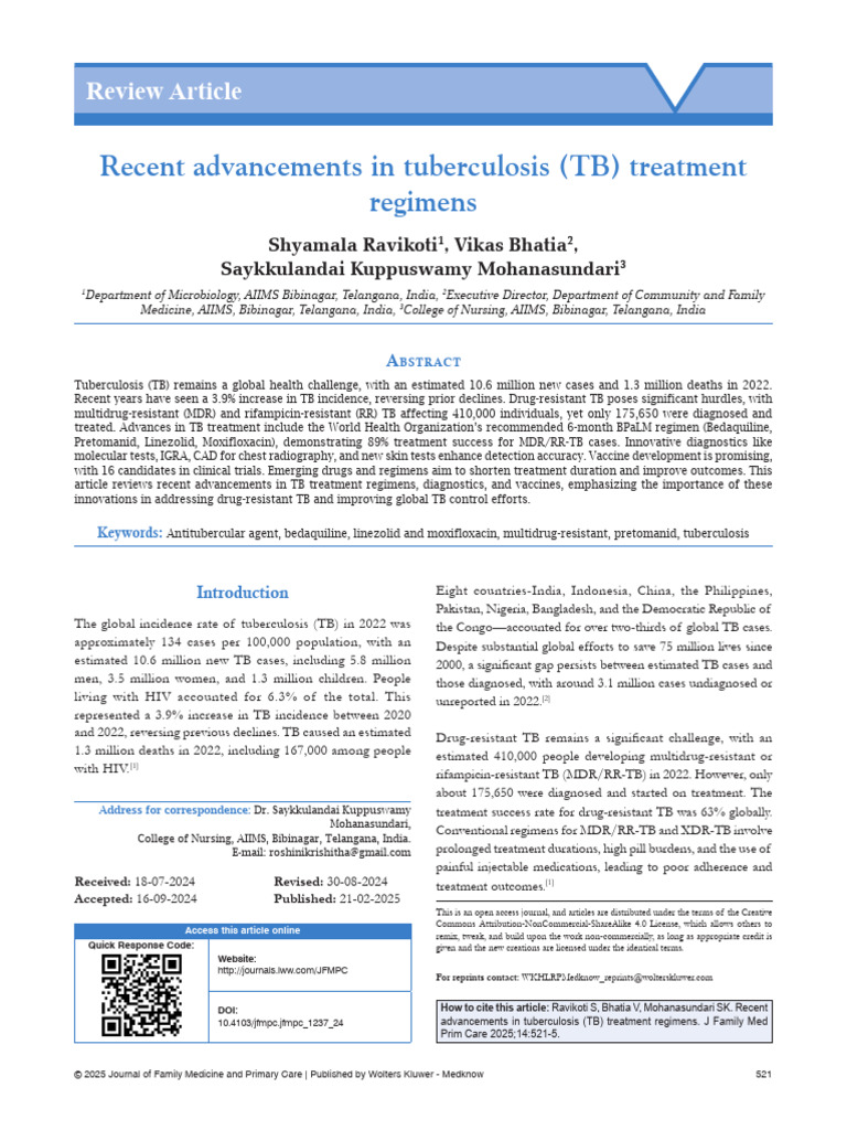Recent Advancements in Tuberculosis TB Treatment.3 | PDF | Tuberculosis ...