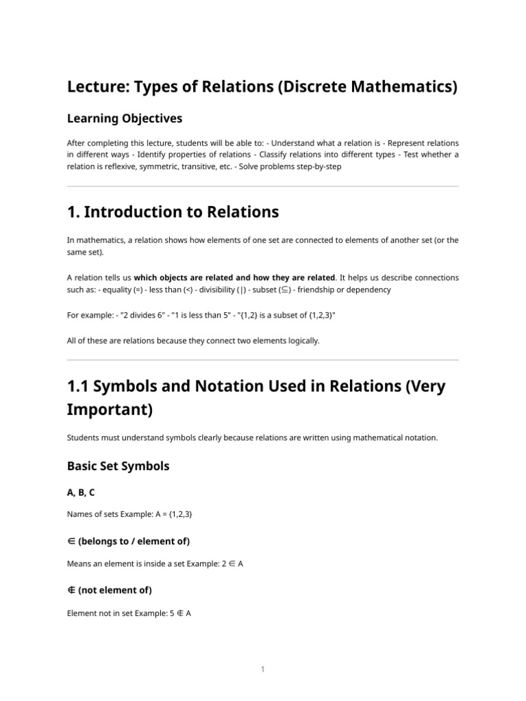 Types of Relations Lecture Notes | PDF | Inequality (Mathematics ...