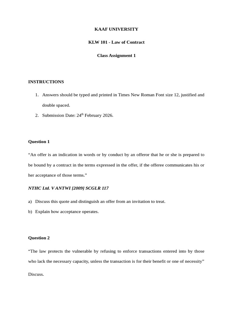 Law of Contract - Class Assignment 1 | PDF