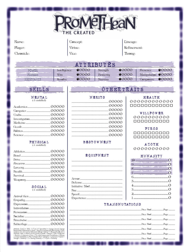 NWoD - White Wolf - Promethean The Created - Character Sheet | PDF ...