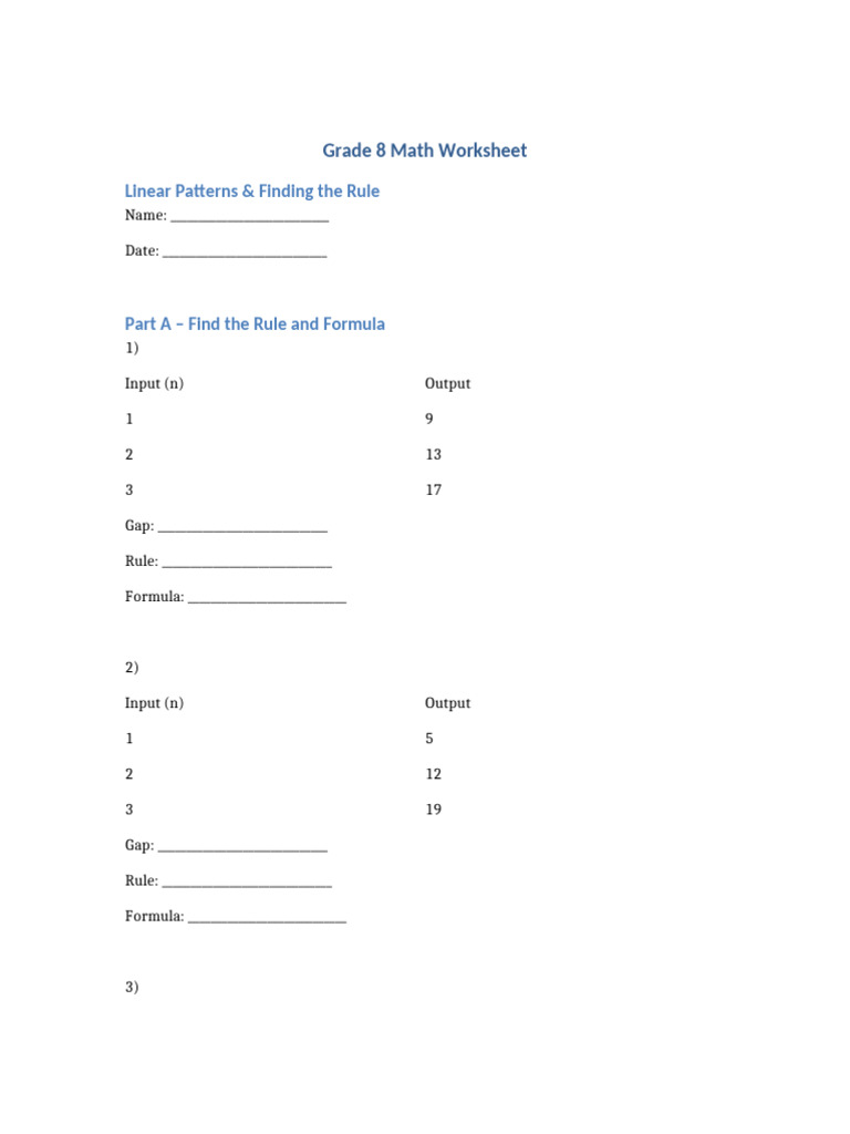 Grade 8 Linear Patterns Worksheet | PDF | Applied Mathematics | Algorithms