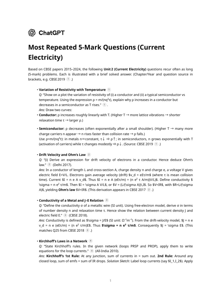 Most Repeated 5 Mark Questions (Current Electricity) | PDF | Electrical ...