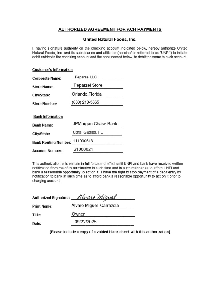 UNFI ACH Authorization Form | PDF