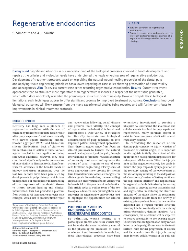 Simon. Regenerative Endodontics | PDF | Medical Specialties | Dentistry ...