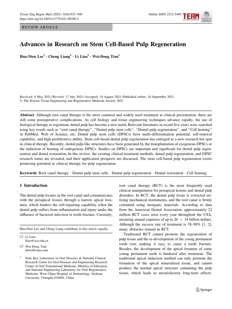 Hua. Advances in Research On Stem Cell-Based Pulp Regeneration | PDF ...